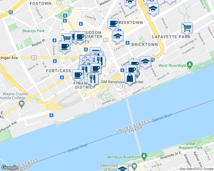 map of restaurants, bars, coffee shops, grocery stores, and more near 50 East Jefferson Avenue in Detroit