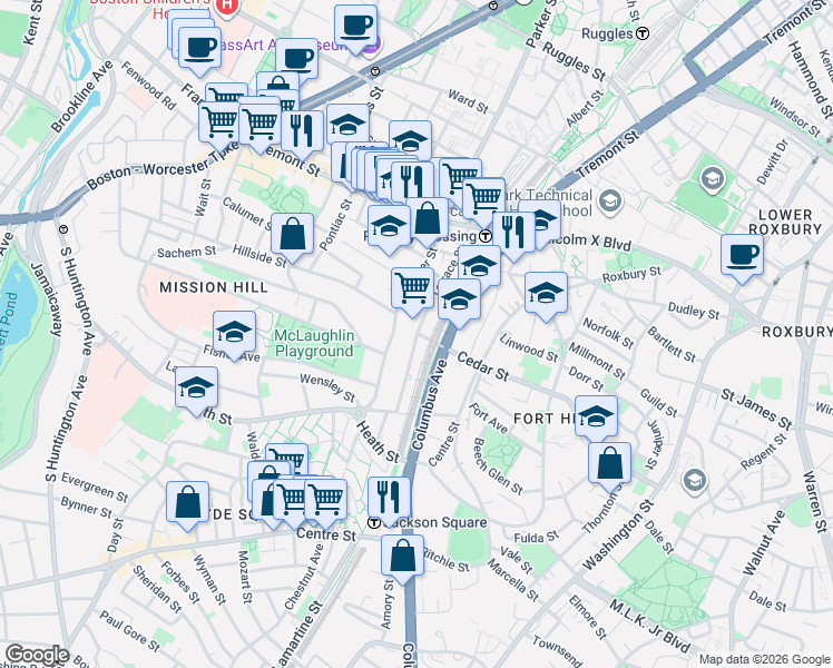 map of restaurants, bars, coffee shops, grocery stores, and more near Cedar Street & Terrace Street in Boston