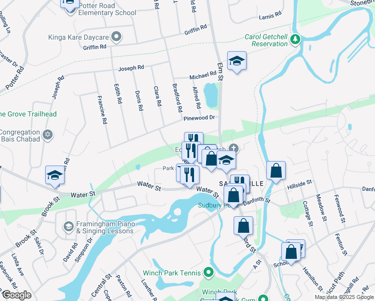 map of restaurants, bars, coffee shops, grocery stores, and more near 73 Nicholas Road in Framingham