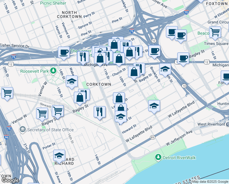 map of restaurants, bars, coffee shops, grocery stores, and more near 1682 Bagley Street in Detroit