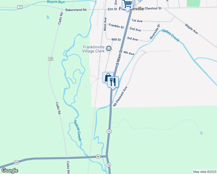 map of restaurants, bars, coffee shops, grocery stores, and more near 95 South Main Street in Franklinville