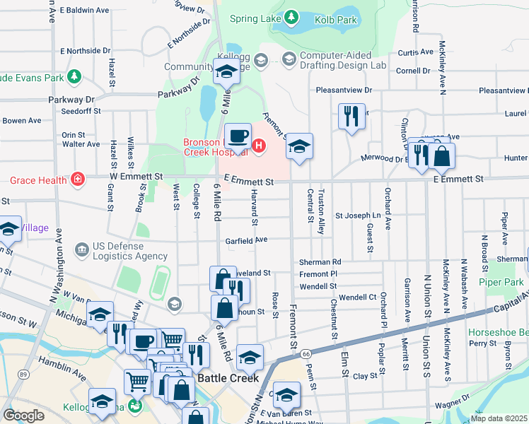 map of restaurants, bars, coffee shops, grocery stores, and more near 63 Latta Street in Battle Creek