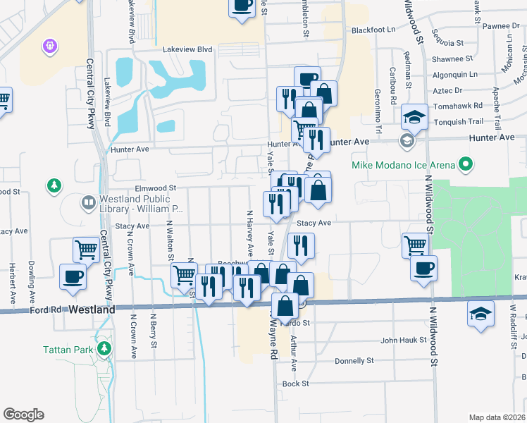 map of restaurants, bars, coffee shops, grocery stores, and more near 6051 Yale St in Westland