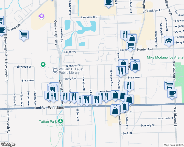 map of restaurants, bars, coffee shops, grocery stores, and more near 6034 North Linville Street in Westland