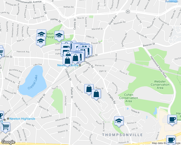 map of restaurants, bars, coffee shops, grocery stores, and more near 15 Glazer Road in Newton