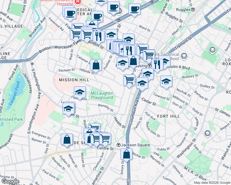 map of restaurants, bars, coffee shops, grocery stores, and more near 228 Calumet Street in Boston