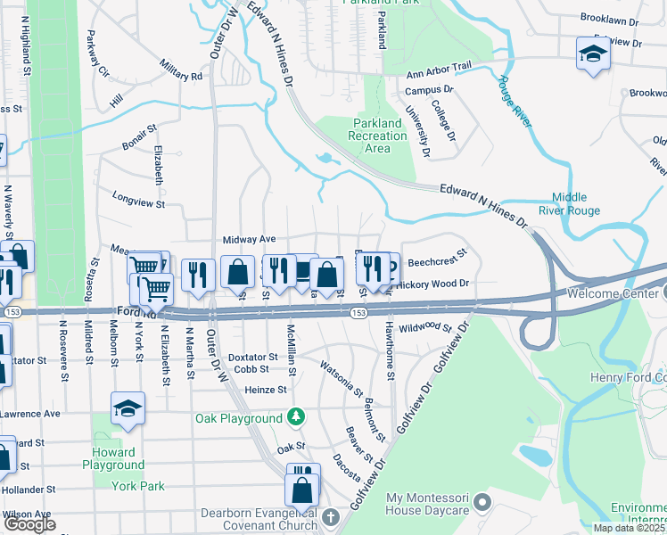 map of restaurants, bars, coffee shops, grocery stores, and more near 5689 Beaver Street in Dearborn Heights