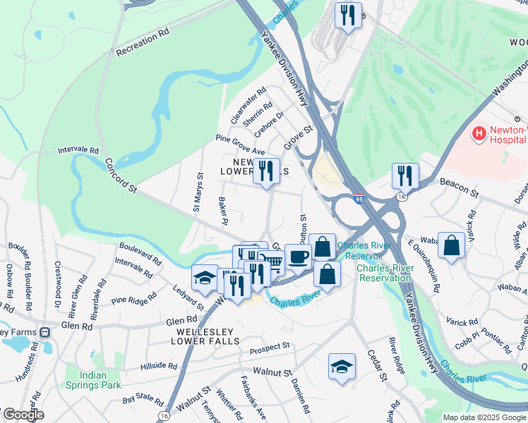 map of restaurants, bars, coffee shops, grocery stores, and more near 599 Grove Street in Newton