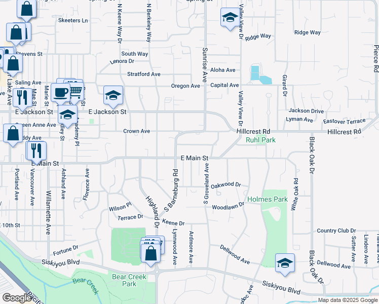 map of restaurants, bars, coffee shops, grocery stores, and more near 2001 East Main Street in Medford
