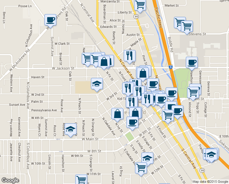 map of restaurants, bars, coffee shops, grocery stores, and more near 417 North Grape Street in Medford