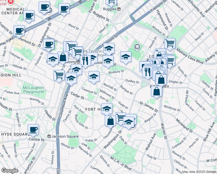 map of restaurants, bars, coffee shops, grocery stores, and more near 20 Lambert Street in Boston