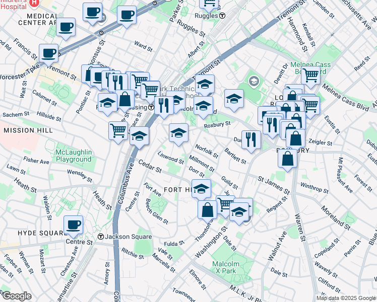 map of restaurants, bars, coffee shops, grocery stores, and more near 6 Alvah Kittredge Park in Boston