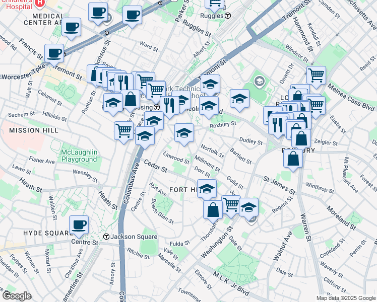 map of restaurants, bars, coffee shops, grocery stores, and more near 6 Alvah Kittredge Park in Boston