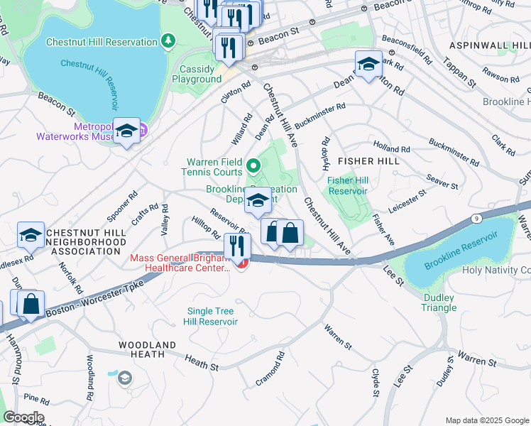 map of restaurants, bars, coffee shops, grocery stores, and more near 57 Ackers Avenue in Brookline
