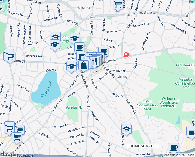 map of restaurants, bars, coffee shops, grocery stores, and more near 62 Herrick Road in Newton