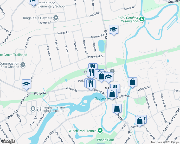 map of restaurants, bars, coffee shops, grocery stores, and more near 67 Nicholas Road in Framingham