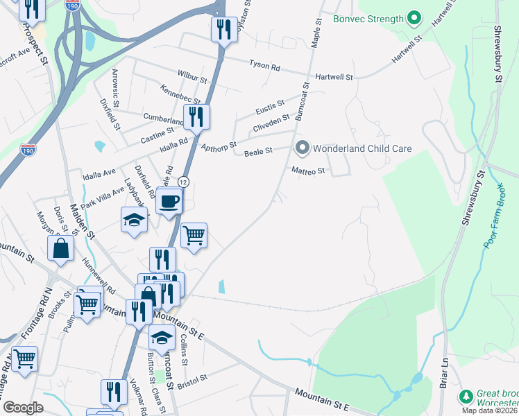 map of restaurants, bars, coffee shops, grocery stores, and more near 662 Burncoat Street in Worcester