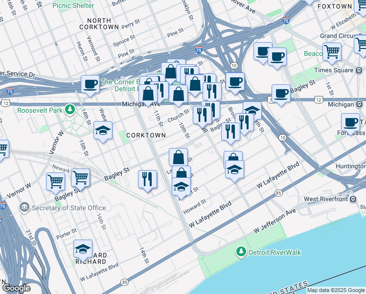 map of restaurants, bars, coffee shops, grocery stores, and more near 1608 Bagley Street in Detroit