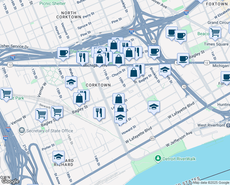 map of restaurants, bars, coffee shops, grocery stores, and more near 1682 Bagley Street in Detroit