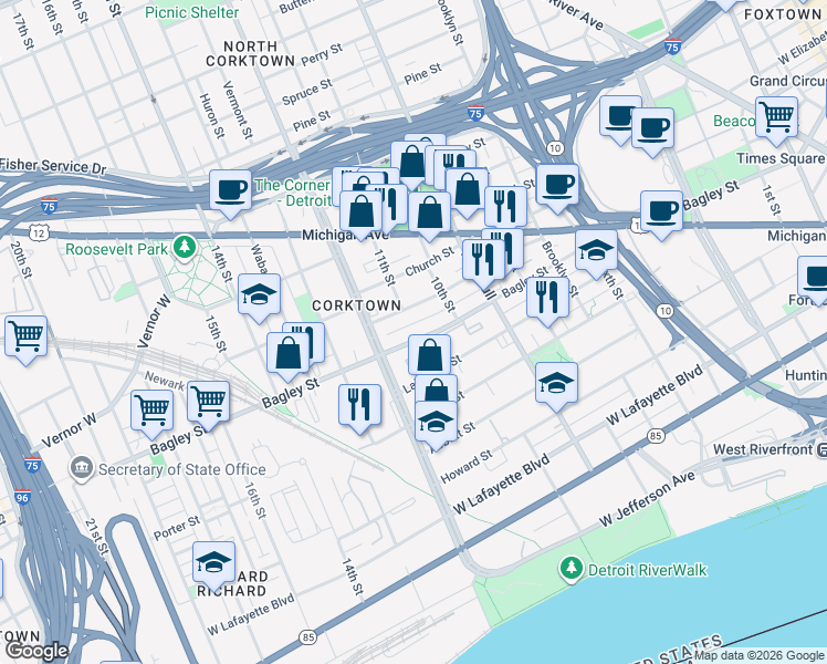 map of restaurants, bars, coffee shops, grocery stores, and more near 1682 Bagley Street in Detroit