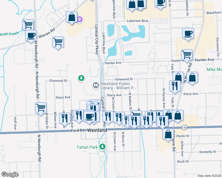 map of restaurants, bars, coffee shops, grocery stores, and more near 6065 N Crown St in Westland