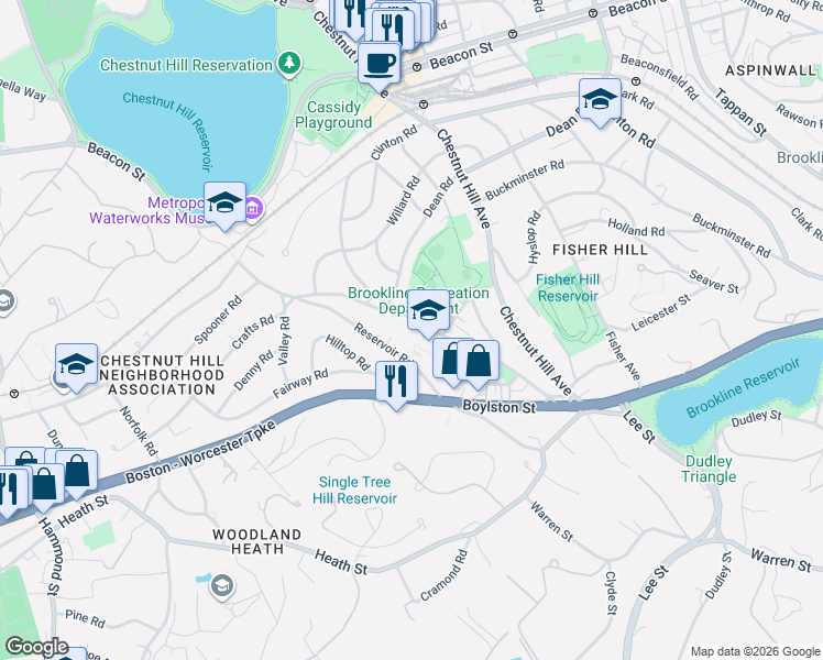 map of restaurants, bars, coffee shops, grocery stores, and more near 136 Eliot Street in Brookline