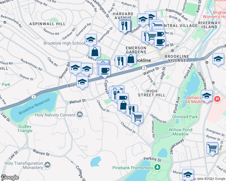 map of restaurants, bars, coffee shops, grocery stores, and more near 272 Walnut Street in Brookline