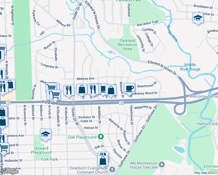 map of restaurants, bars, coffee shops, grocery stores, and more near 5689 Beaver Street in Dearborn Heights