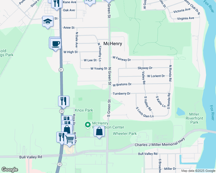 map of restaurants, bars, coffee shops, grocery stores, and more near 105 North Green Street in McHenry