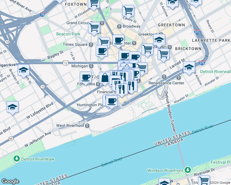 map of restaurants, bars, coffee shops, grocery stores, and more near 243 West Congress Street in Detroit