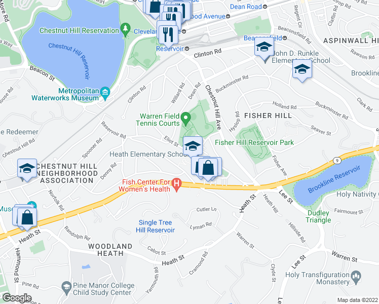 map of restaurants, bars, coffee shops, grocery stores, and more near Eliot Street in Brookline