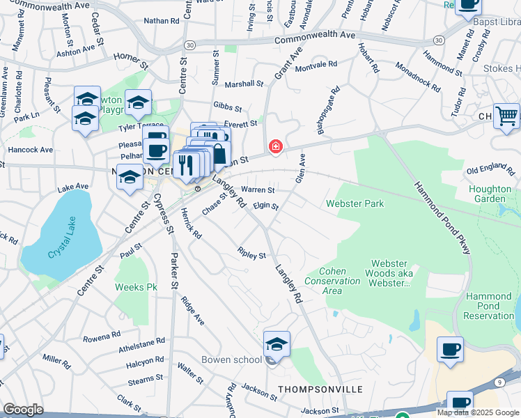 map of restaurants, bars, coffee shops, grocery stores, and more near 70 Elgin Street in Newton