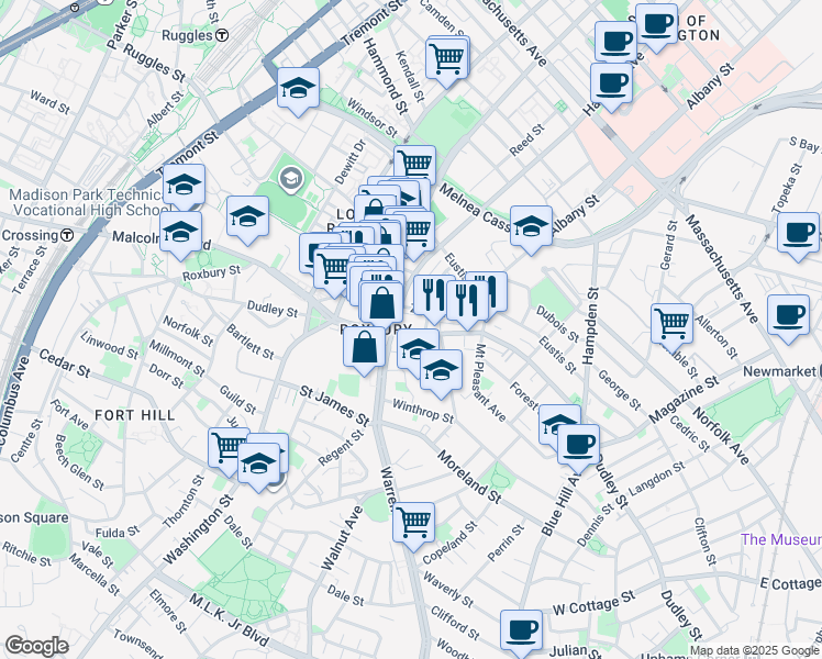 map of restaurants, bars, coffee shops, grocery stores, and more near 186 Dudley Street in Boston