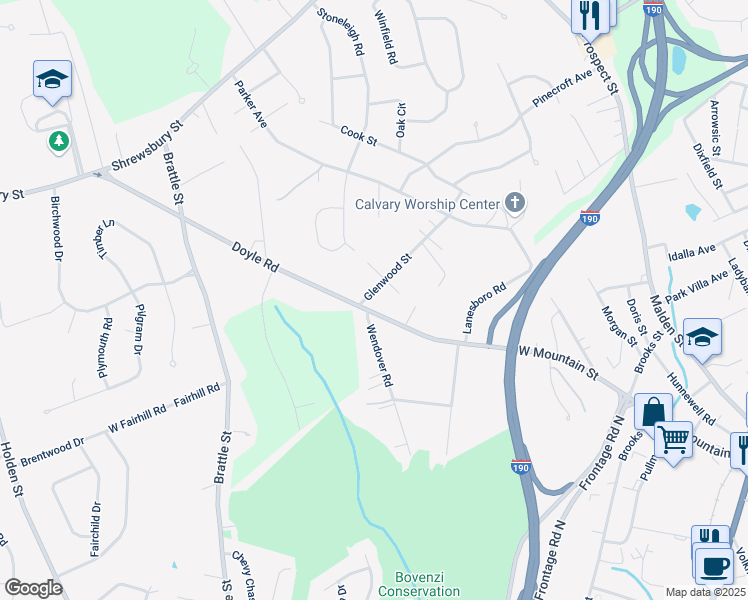 map of restaurants, bars, coffee shops, grocery stores, and more near 246 Doyle Road in Holden