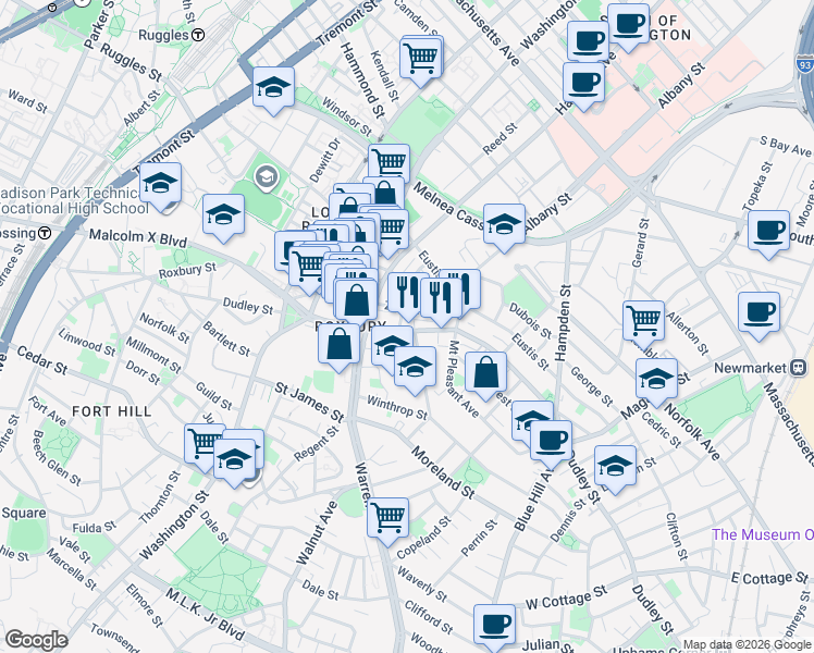 map of restaurants, bars, coffee shops, grocery stores, and more near 206 Dudley Street in Boston