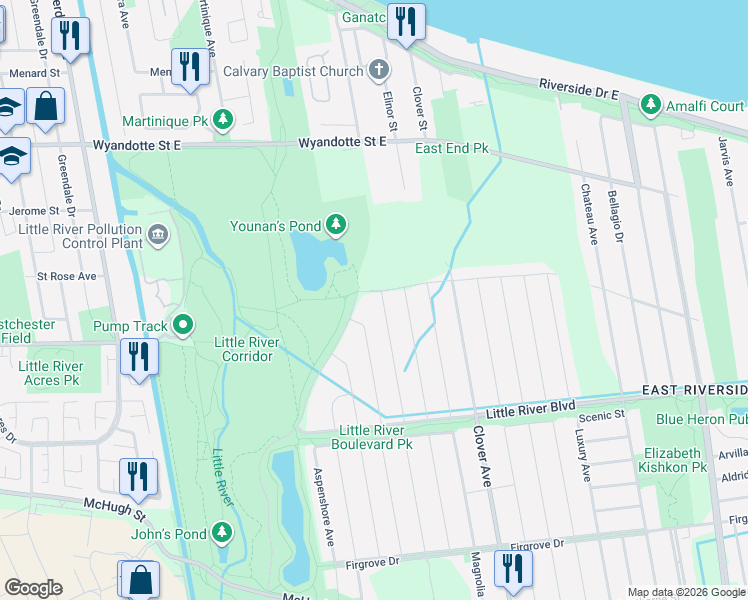 map of restaurants, bars, coffee shops, grocery stores, and more near 1000 Peabody Avenue in Windsor