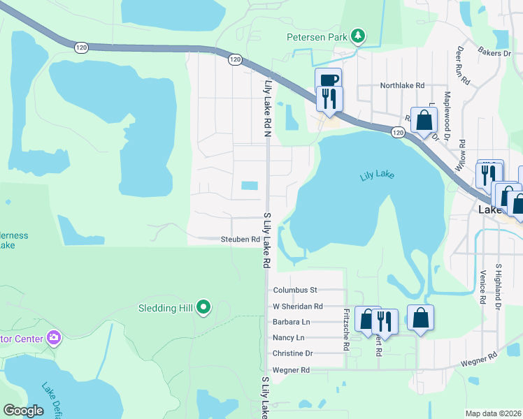 map of restaurants, bars, coffee shops, grocery stores, and more near 121 South Lily Lake Road in McHenry