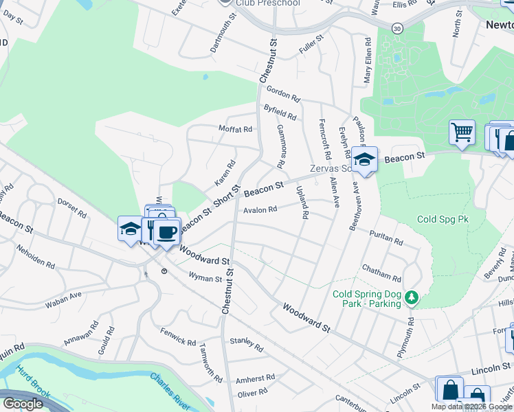 map of restaurants, bars, coffee shops, grocery stores, and more near 115 Avalon Road in Newton