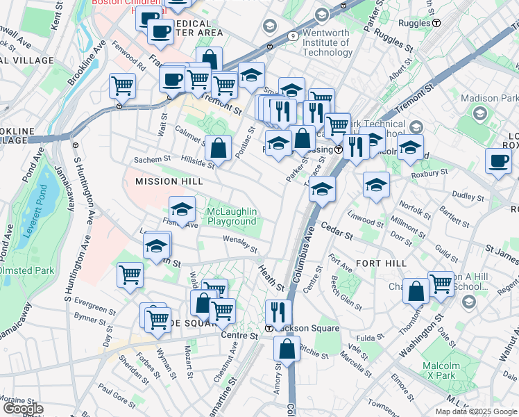 map of restaurants, bars, coffee shops, grocery stores, and more near 224 Calumet Street in Boston