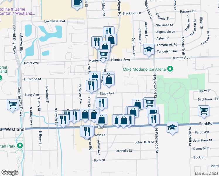 map of restaurants, bars, coffee shops, grocery stores, and more near 6006 North Wayne Road in Westland
