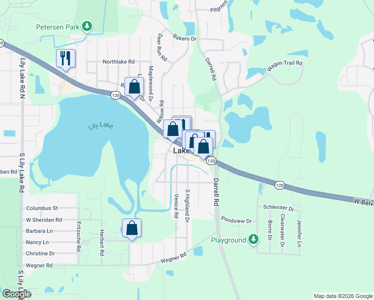 map of restaurants, bars, coffee shops, grocery stores, and more near 123 Rand Road in Lakemoor