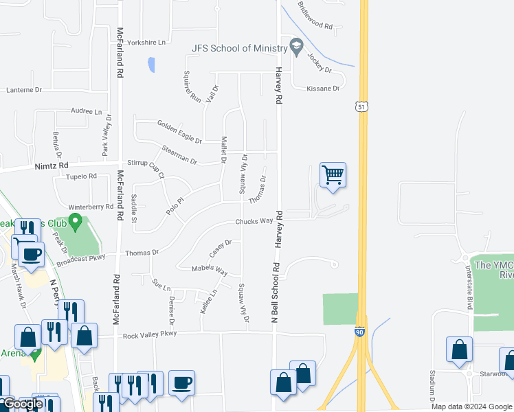 map of restaurants, bars, coffee shops, grocery stores, and more near 7417 Thomas Drive in Loves Park
