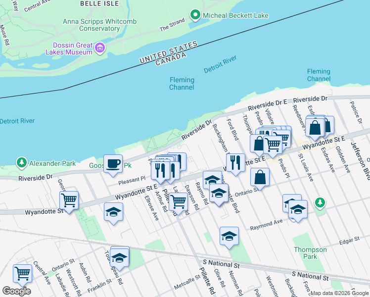 map of restaurants, bars, coffee shops, grocery stores, and more near 5055 Riverside Drive East in Windsor