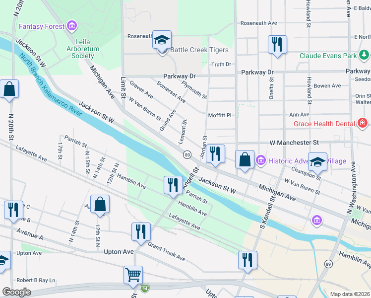 map of restaurants, bars, coffee shops, grocery stores, and more near 610 West Michigan Avenue in Battle Creek