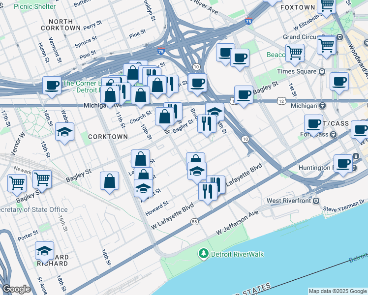 map of restaurants, bars, coffee shops, grocery stores, and more near 1410 Trumbull in Detroit