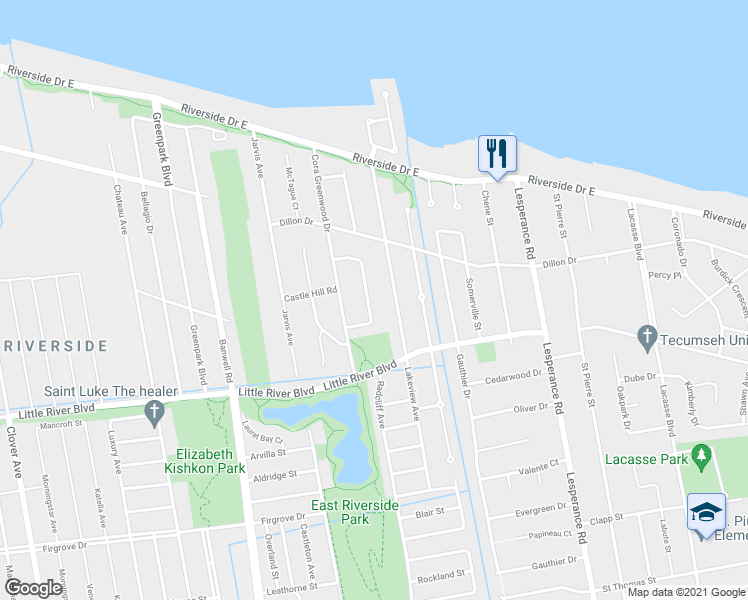 map of restaurants, bars, coffee shops, grocery stores, and more near 1058 Treverton Crescent in Windsor
