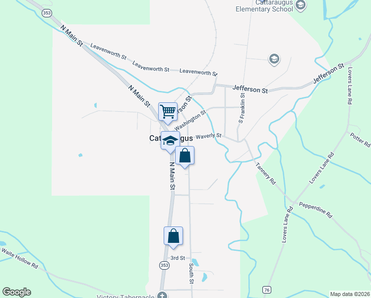 map of restaurants, bars, coffee shops, grocery stores, and more near 35 South Street in Cattaraugus