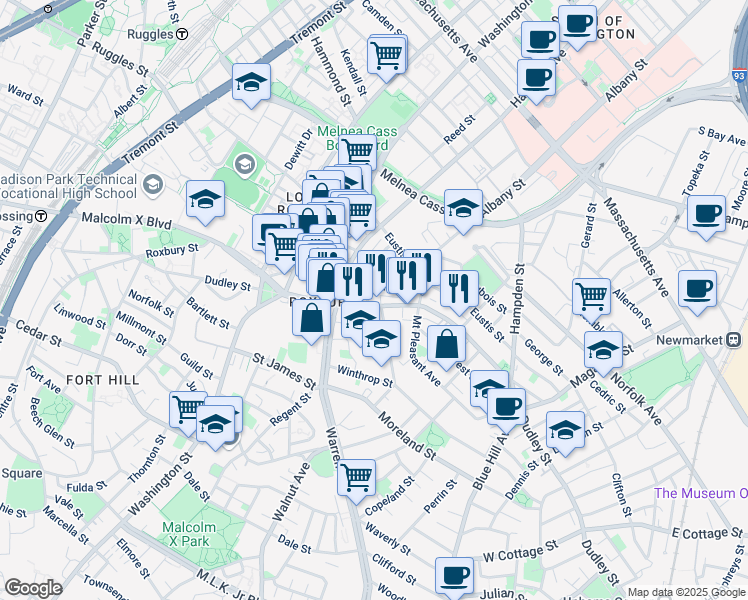 map of restaurants, bars, coffee shops, grocery stores, and more near 206 Dudley Street in Boston