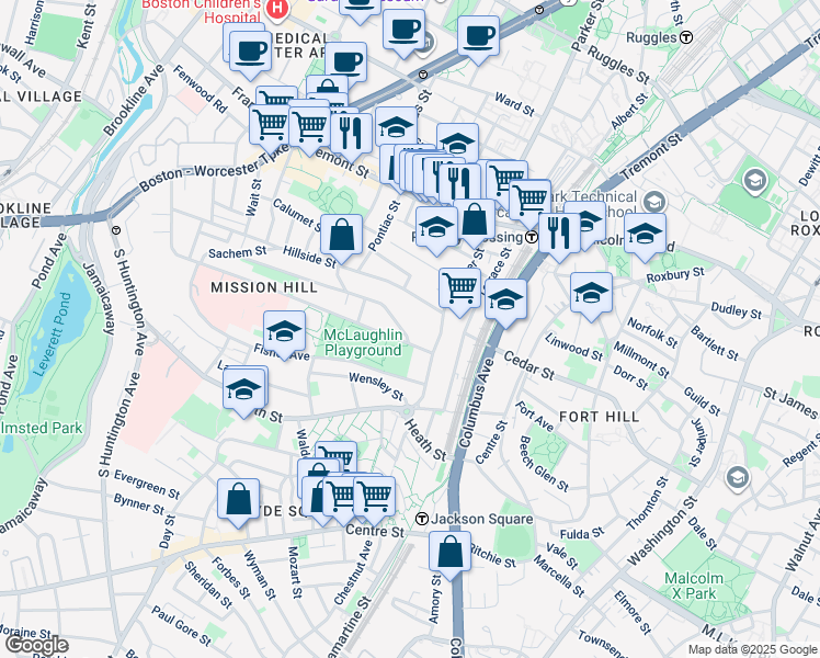 map of restaurants, bars, coffee shops, grocery stores, and more near 228 Calumet Street in Boston