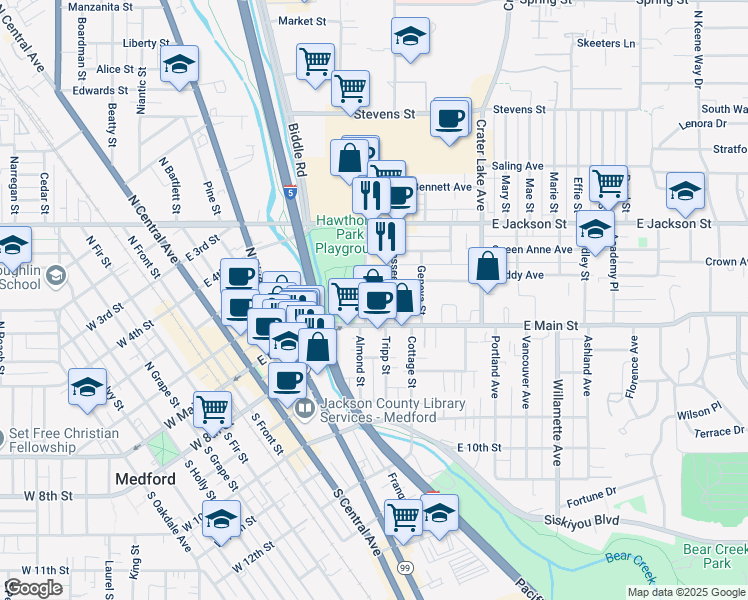 map of restaurants, bars, coffee shops, grocery stores, and more near 619 East Main Street in Medford